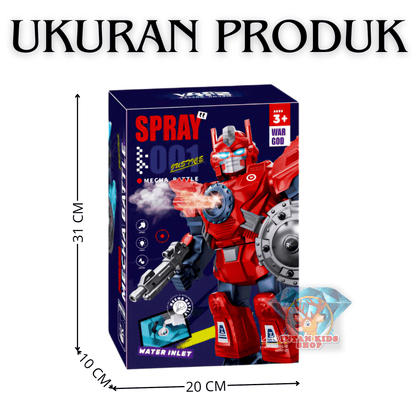 Boxed toy with red and blue design, featuring a robot figure and text indicating product size.
