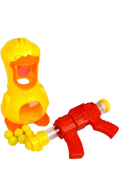 Yellow and red toy water gun with multiple nozzles on a white background