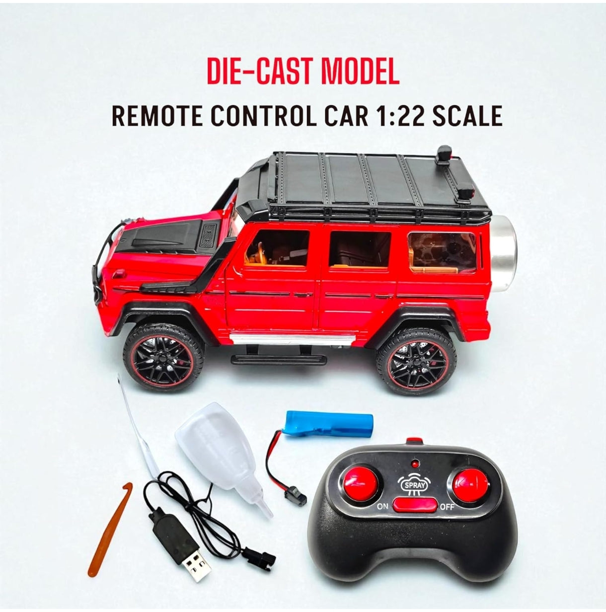 RC Car, 1:22 Scale,Die-Cast Model with Openable Doors, Lights and Smoke Effects, Toy for Kids 3-10 Years (Red)