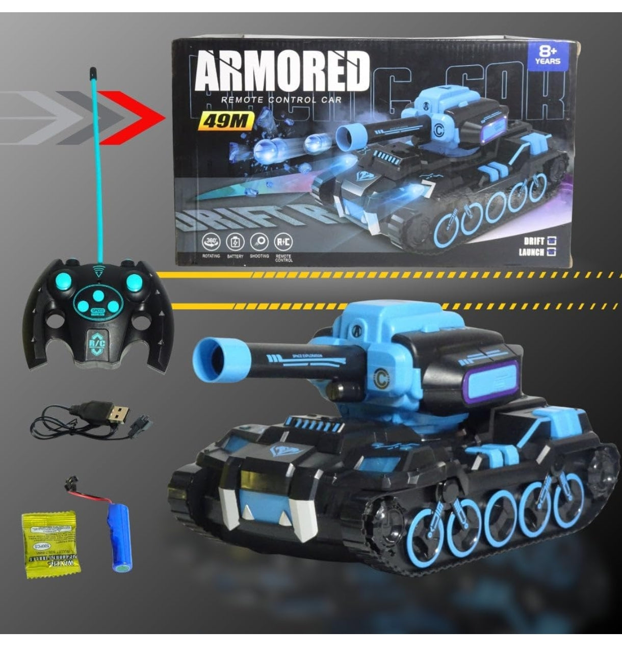 Remote Control Armored Tank Car – 49M RC Battle Tank with 360° Rotation, Drift, Shooting Launcher, Rechargeable Battery & Remote – Fun Toy for Kids (8+ Years, Blue)