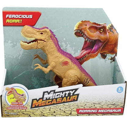 Mighty Megasaur roaring dinosaur toy in brown and purple for kids aged 3 years and up