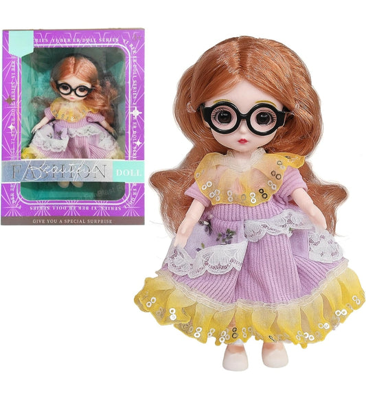 Korean Fashion Doll for Girls – Stylish Toy Doll with Long Hair & Glasses, Beautiful Dress, Pretend Play Doll for Kids, Birthday Gift for Girls (A)