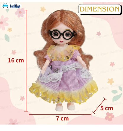 Korean Fashion Doll for Girls – Stylish Toy Doll with Long Hair & Glasses, Beautiful Dress, Pretend Play Doll for Kids, Birthday Gift for Girls (A)