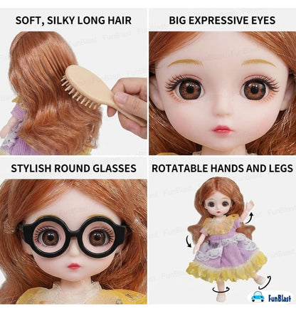Korean Fashion Doll for Girls – Stylish Toy Doll with Long Hair & Glasses, Beautiful Dress, Pretend Play Doll for Kids, Birthday Gift for Girls (A)