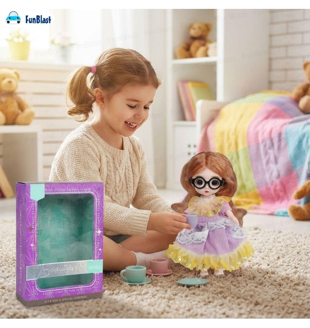 Korean Fashion Doll for Girls – Stylish Toy Doll with Long Hair & Glasses, Beautiful Dress, Pretend Play Doll for Kids, Birthday Gift for Girls (A)