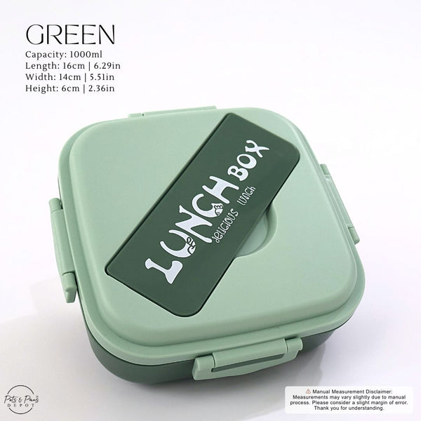 Green lunch box with 'Lunch Box' 
