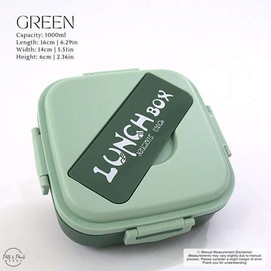 Green lunch box with 'Lunch Box' 