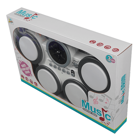 Box of a toy drum set with musical design elements on a white background