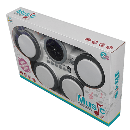 Box of a toy drum set with musical design elements on a white background