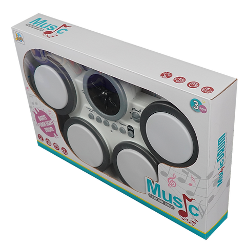 Box of a toy drum set with musical design elements on a white background