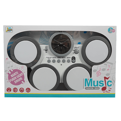 Boxed toy drum set with 'Music Fashion Drum' branding on a white background