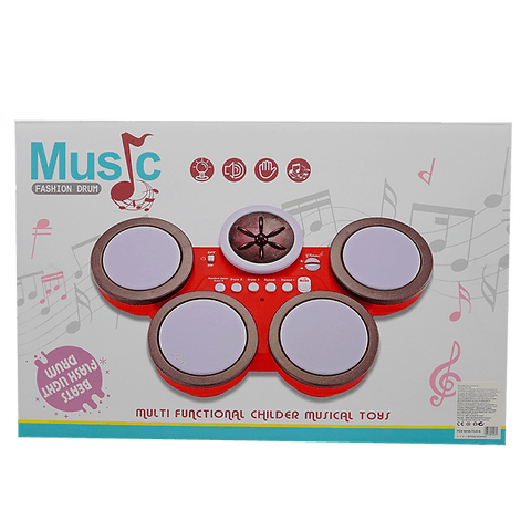 Children's electronic drum set packaging with musical notes and text on a white background