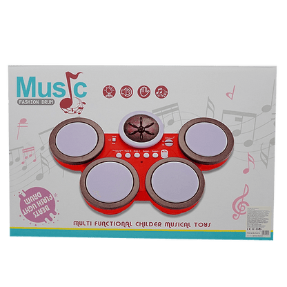 Children's electronic drum set packaging with musical notes and text on a white background