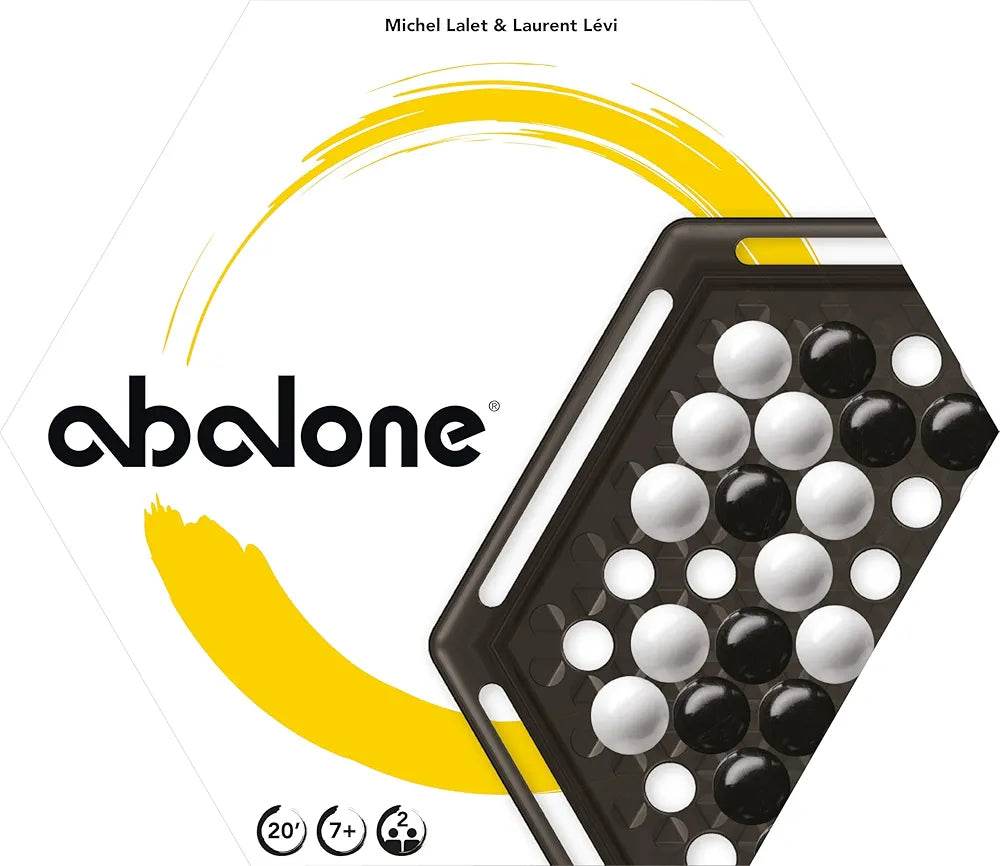 Abalone board game in black and white for ages 7 and up, featuring strategic marble movement
