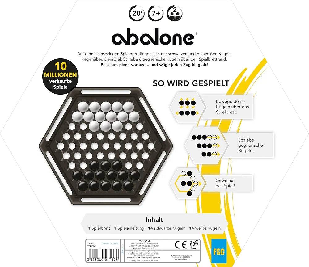 Abalone board game featuring black and white pieces for ages 7 and up, challenging strategy for family fun