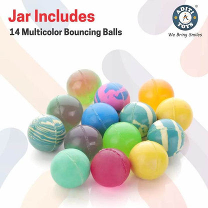 Jar of 14 multicolor Aditi Toys crazy bouncy balls with vibrant swirls and solid colors