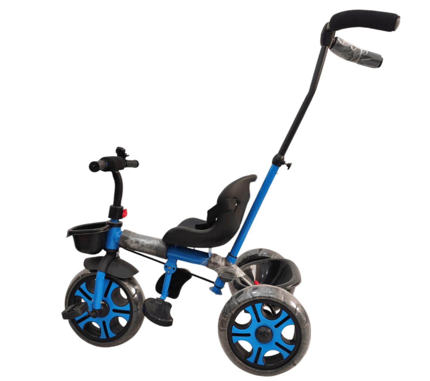 Blue adult on tricycle for outdoor fun with adjustable handle and sturdy design