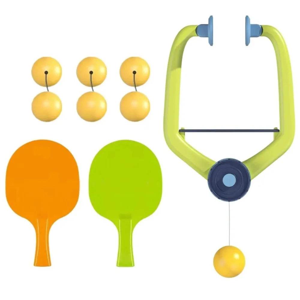 Table tennis ping set with orange and green paddles and yellow balls for fun indoor play