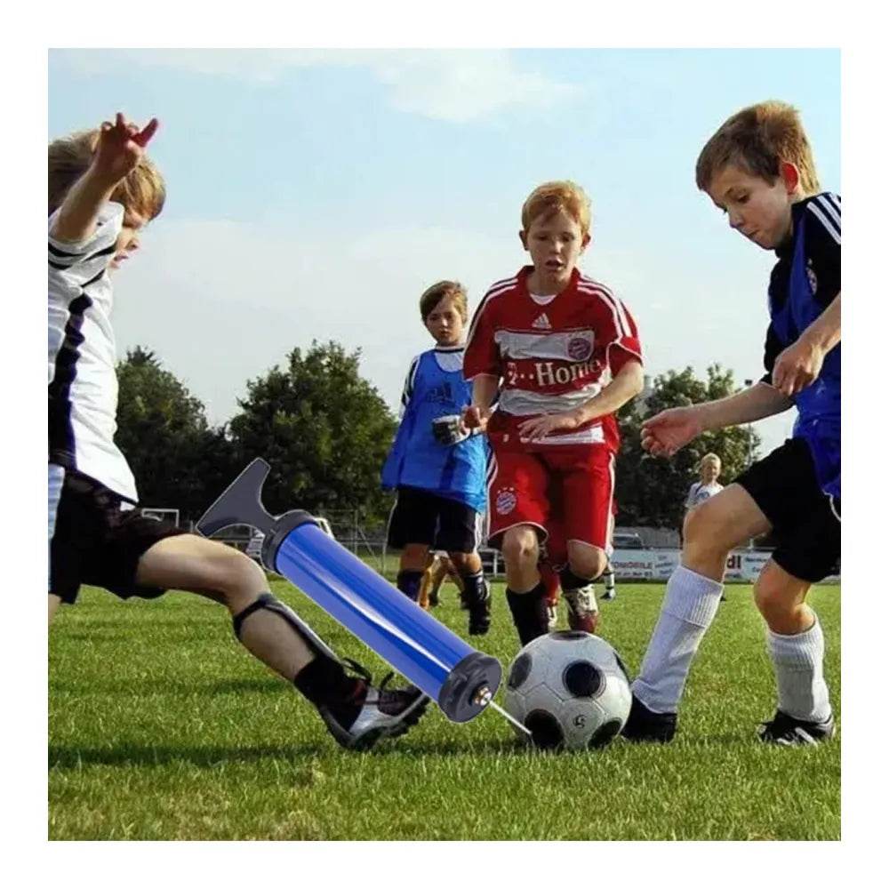 Blue air pump for inflating sports balls, perfect for kids' outdoor games