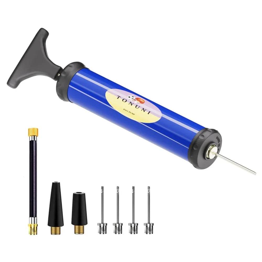 Blue air pump with multiple nozzles for various inflatable items, suitable for all ages