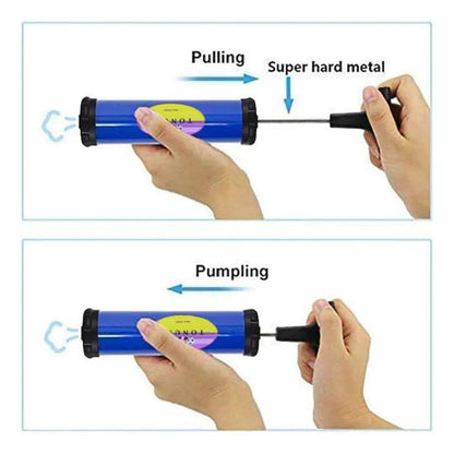 Blue air pump for inflating toys with easy pull and pump action, suitable for all ages
