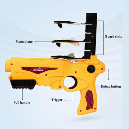 Yellow kids airfighter toy gun with foam planes, pull handle, trigger, and card slots for play