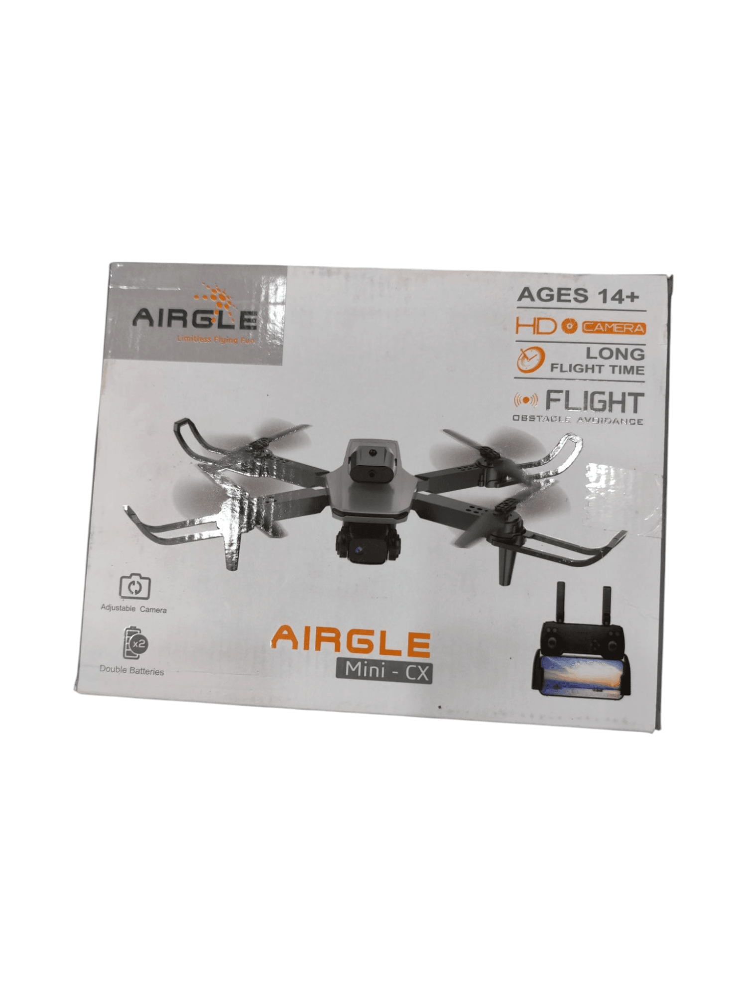 AirGLE Mini CX drone airplane with camera for ages 14 and up, featuring long flight time