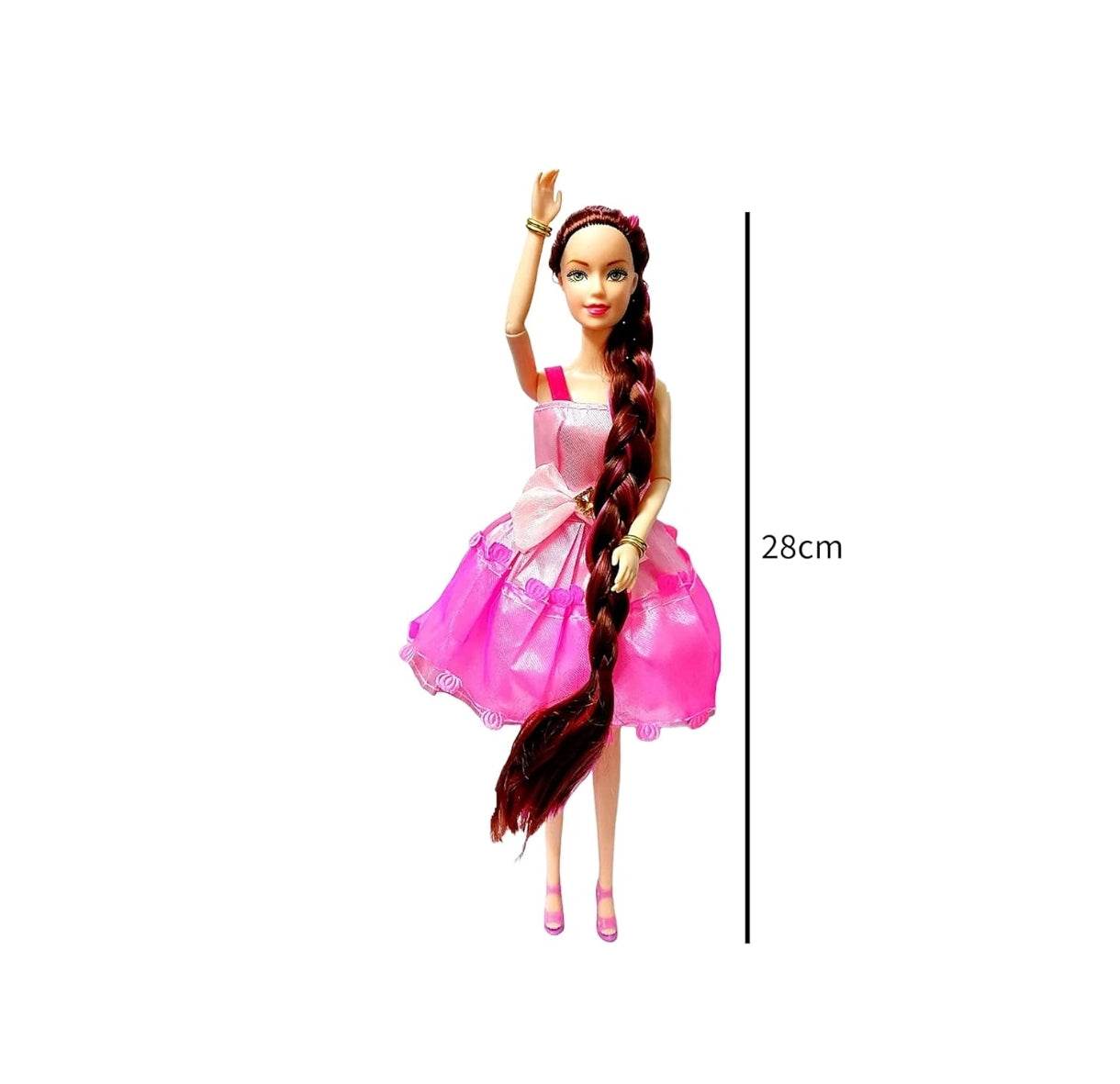 Alia doll accessories set featuring a 28cm doll in a pink dress with long braided hair
