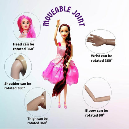 Alia doll accessories set showcasing a doll with moveable joints including 360 degree rotation of head, wrist, shoulder, thigh, and 90 degree elbow