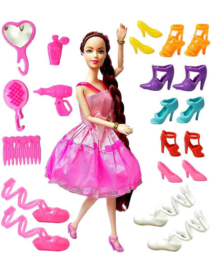 Alia doll accessories set with a doll in pink dress, multiple colorful shoes, pink comb, mirror, brush, and toy spray bottle