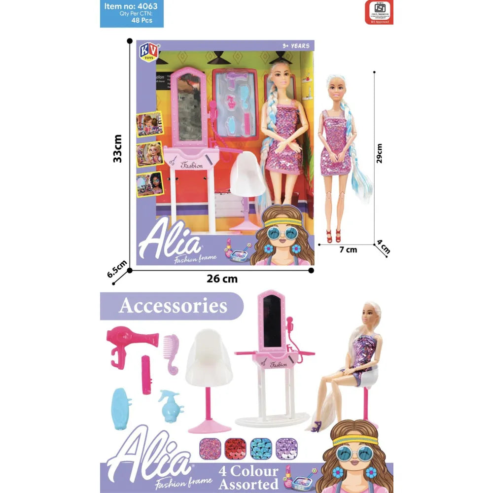 Alia doll set with styling accessories for kids aged 3 years and up in vibrant colors