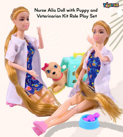 Nurse doll role play set featuring a nurse doll with long blonde hair, puppy, and veterinarian kit accessories
