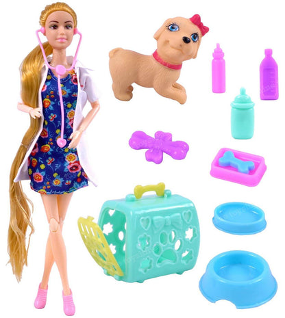 T-Rex nurse doll role play set with female doll, toy dog, medical accessories, and pet care items