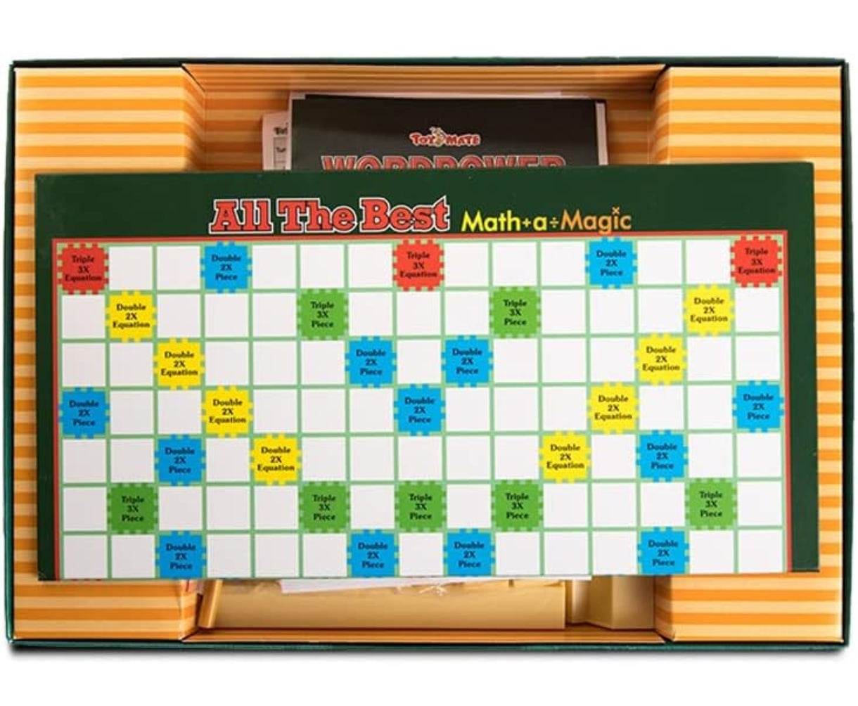 All The Best word board game with math and magic theme and colorful score grid in open box