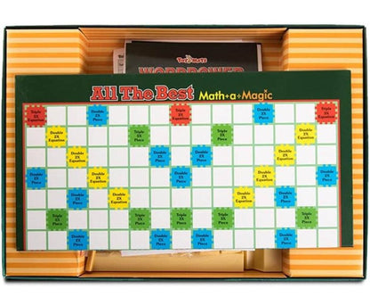 All The Best word board game with math and magic theme and colorful score grid in open box