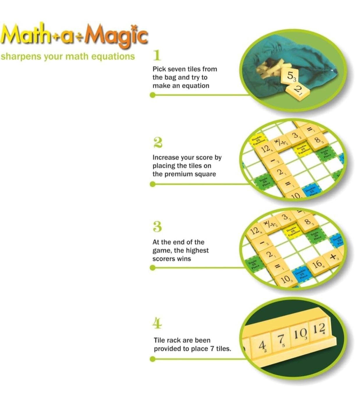 All The Best word board game Math a Magic showing tiles, game board with equations, and tile rack