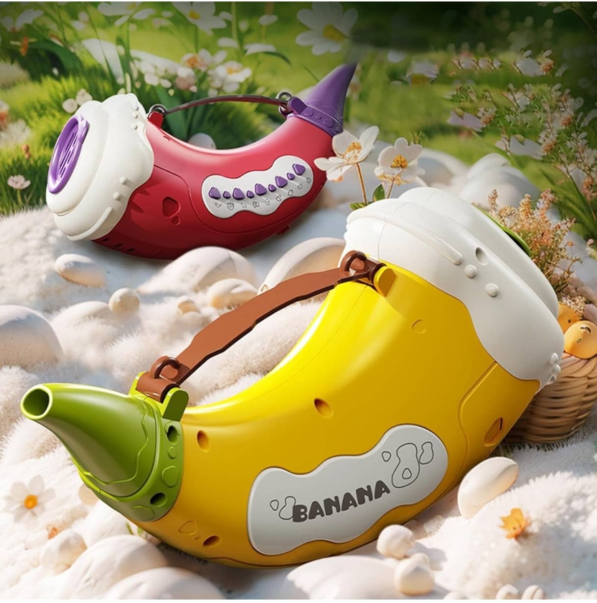 Yellow and red banana-shaped animal caller toy musical for kids, promoting interactive play