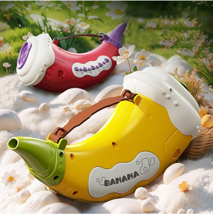 Yellow and red banana-shaped animal caller toy musical for kids, promoting interactive play
