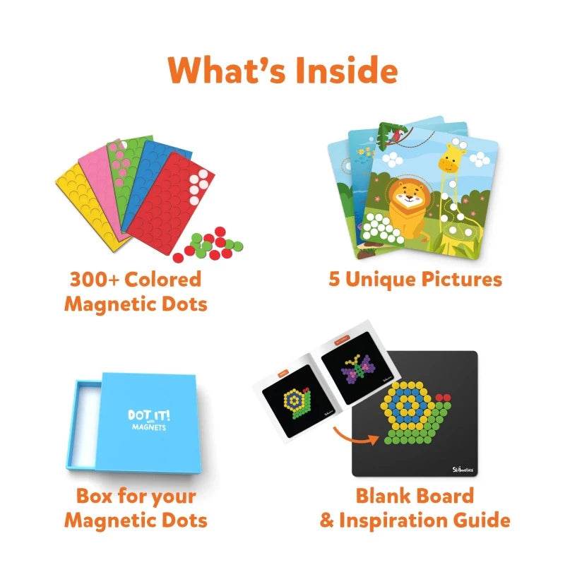 Animal planet magnetic toy Dot It set with colored magnetic dots, animal pictures, storage box, and blank board