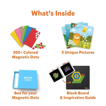 Animal planet magnetic toy Dot It set with colored magnetic dots, animal pictures, storage box, and blank board