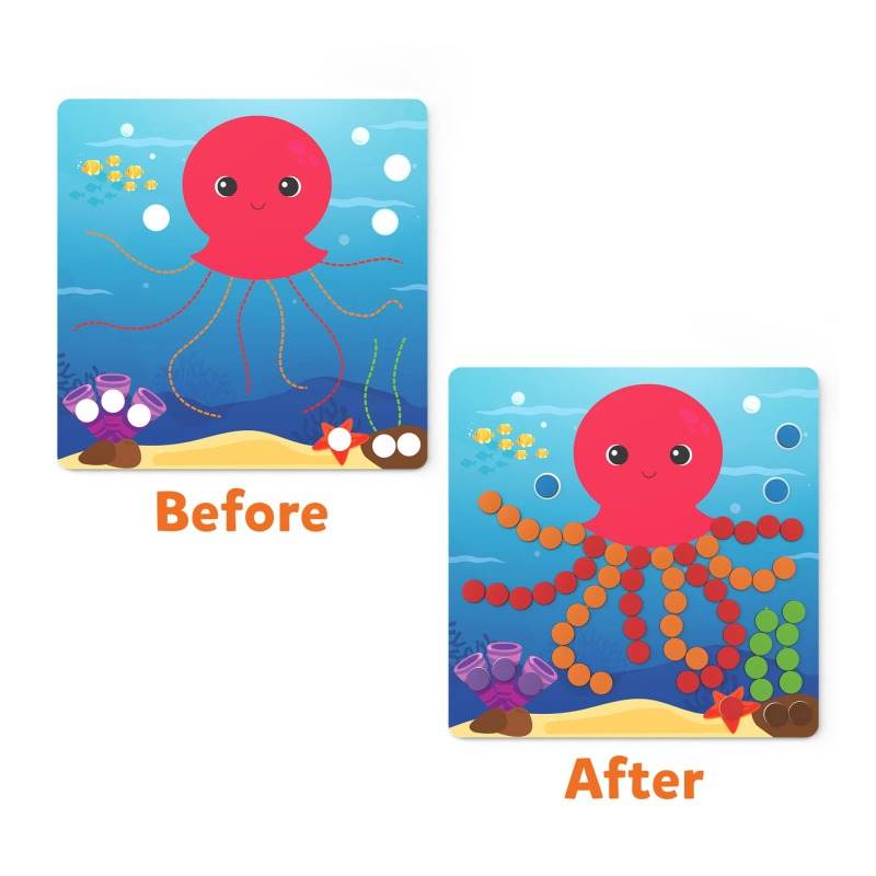 Dot it animal planet magnetic toy showing a red octopus puzzle before and after completion