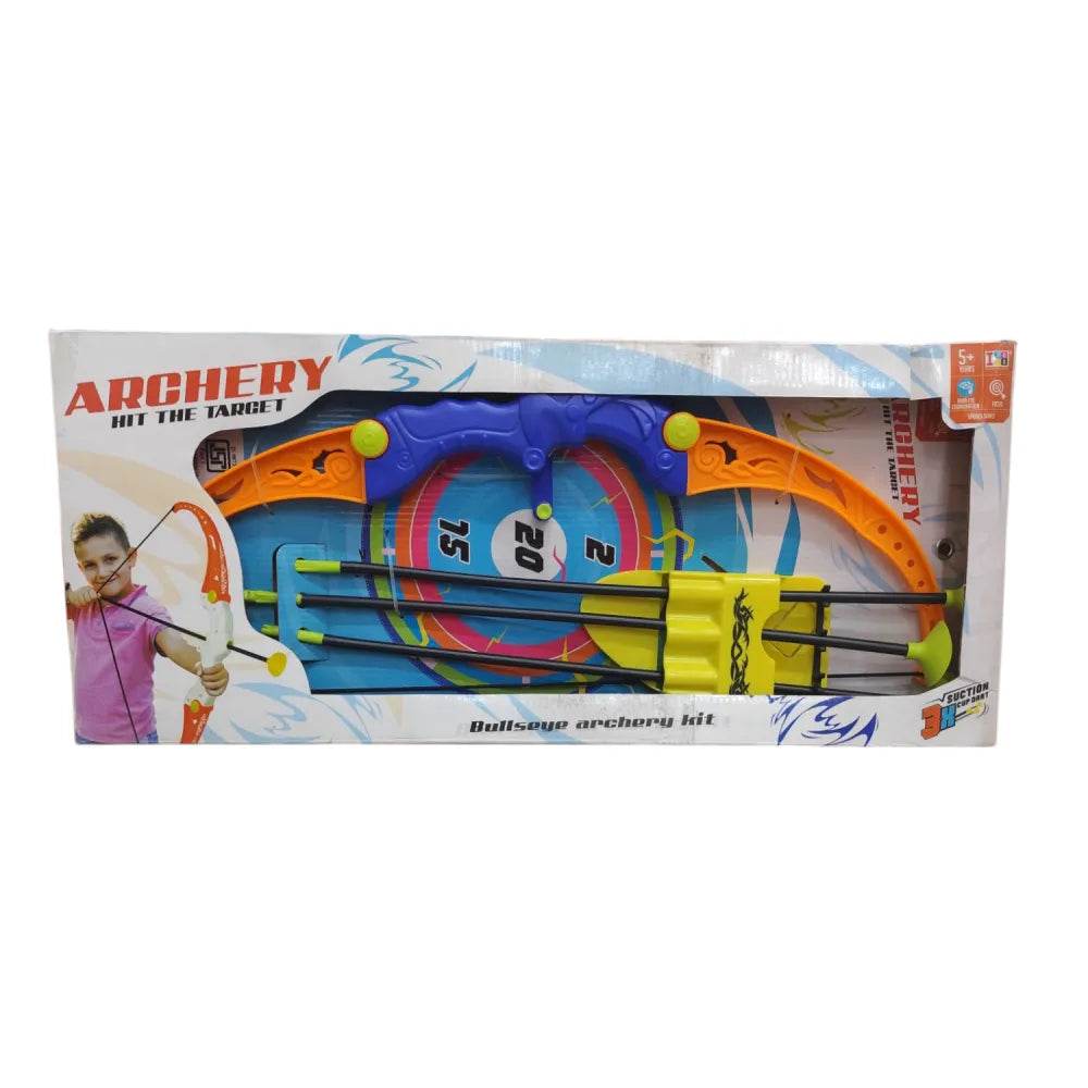 Colorful bullseye archery kit for kids featuring bow and arrows, ideal for ages 5 and up, inspired by archery tv shows.