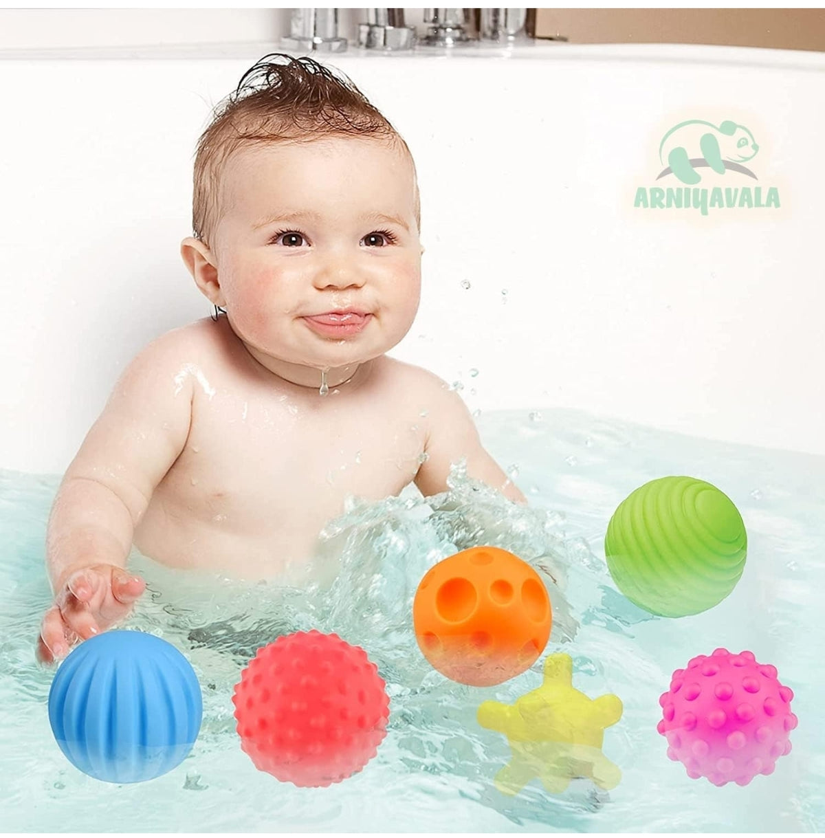 Colorful sensory squeeze balls in water for infants learning through play