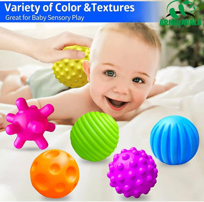 Colorful sensory squeeze balls set for babies, featuring various textures for sensory play