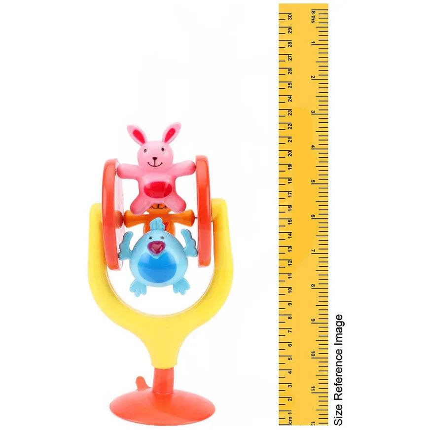 Colorful bunny merry go round toy for kids with pink bunny and blue bird figures on yellow base