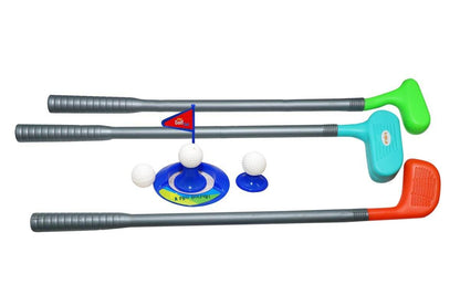Golf playset with sticks and balls featuring colorful plastic clubs and white golf balls