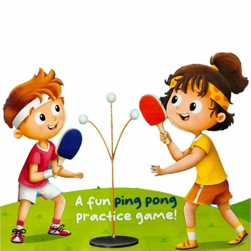 Colorful table tennis ping practice game with kids using paddles outdoors