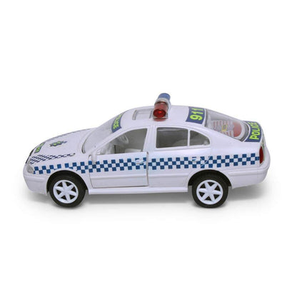 Centy Pull Back Series Australian police toy car in white with blue checkered design and red light on roof