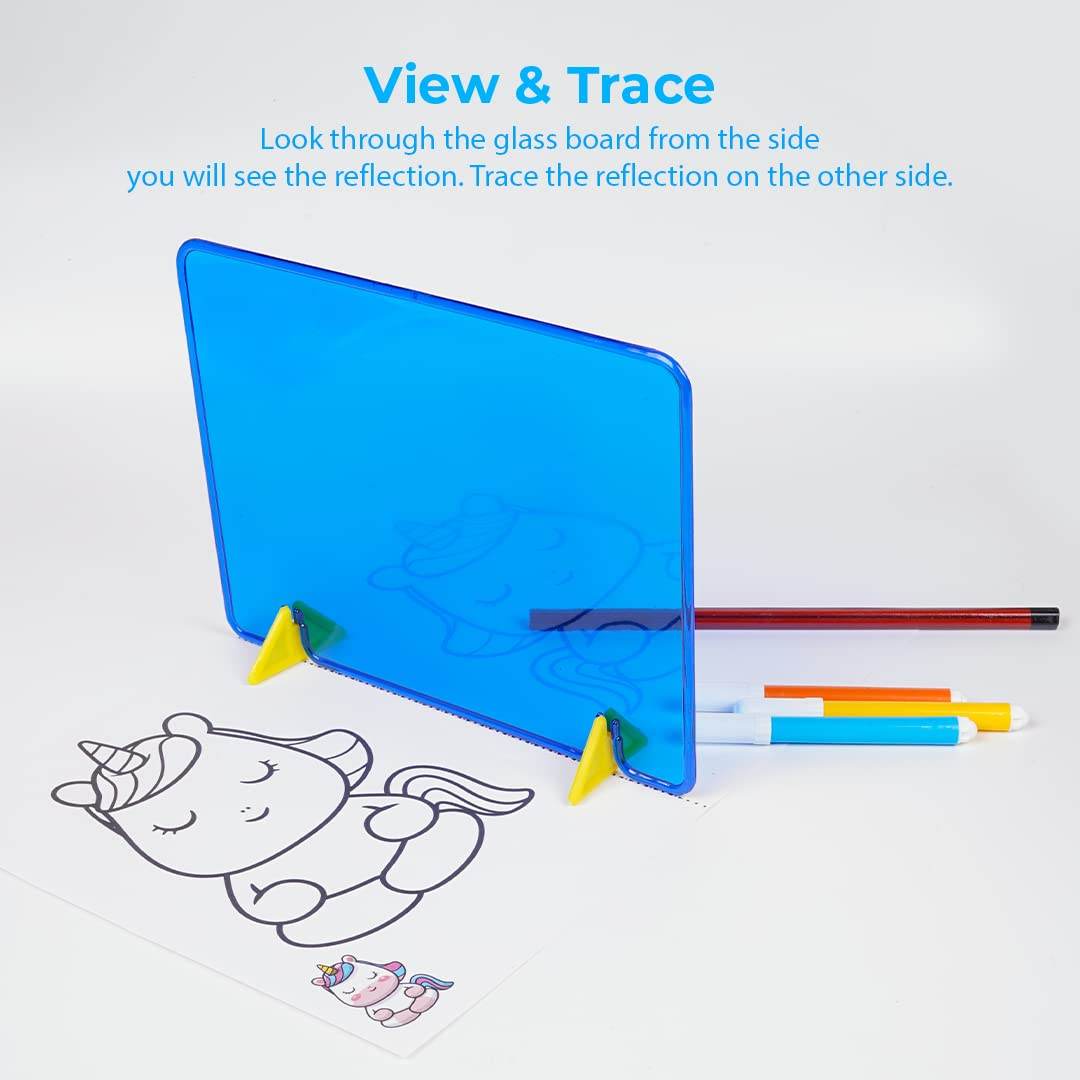 Unicorn art and craft kit for kids with blue tracing board, markers, and unicorn drawing template