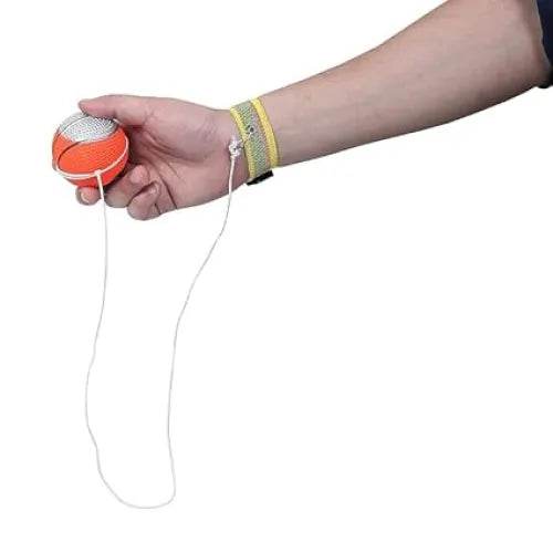 Hand holding orange and gray yo yo ball toy for kids with attached string and wrist strap